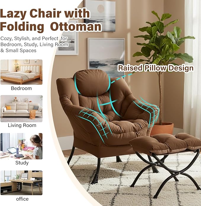 Lazy Chair with Ottoman Modern Accent Chairs with Folding Footrest Dark Brown Sofa Chair Set Comfortable Reading Chairs Oversized Armchairs for Bedroom Study Living Room Courtyard
