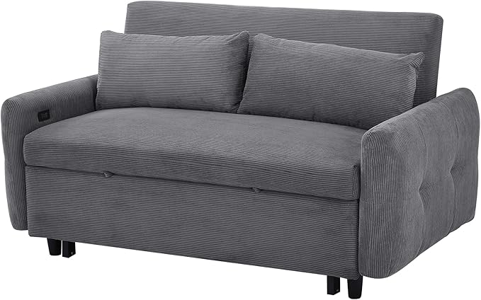 Pull-Out Sofa Bed Convertible Couch 2 Seat Loveseat Sofa Corduroy Fabric Upholstered Sleeper Sofa with 2 Throw Pillows and USB Ports for Living Room Office Apartment (Dark Grey)