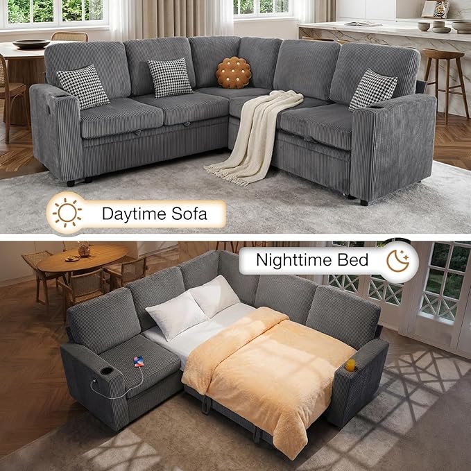 83 Sleeper Couch with Pull Out Sofa Bed 5-Seater Sectional Couches for Living Room L-Shaped Couch with Storage USB Port &amp Cup Holder Corduroy Convertible Corner Sofa for Apartment