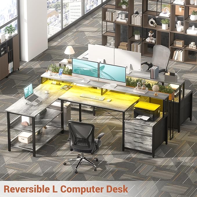 Aheaplus L Shaped Desk with Power Outlet Reversible L Shaped Computer Desk with File Drawer &amp Monitor Stand Gaming Desk with LED Strip Home Office Desk Corner Desk with Storage Shelf White Oak