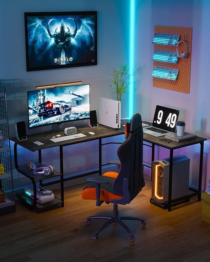 Teraves Reversible L Shaped Desk with Large Surface 61 Inch Sturdy Corner Desk with Storage Shelves Premium Office Computer Desk Workstation for Home Office Gaming
