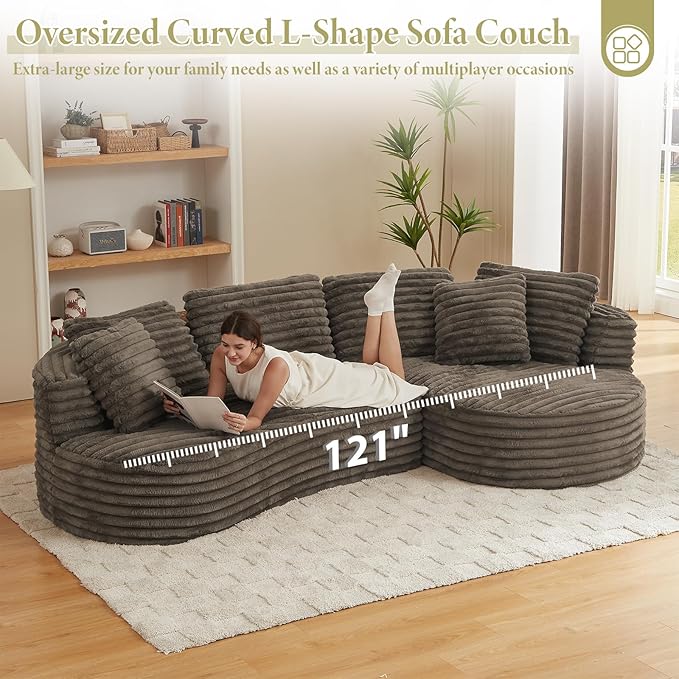 121 Modular Sectional Sofa Oversized Cloud Couch with Deep Seat L Shaped Sofa with Left Chaise Corduroy Boneless Sleeper Sofa Couch No Assembly Needed for Living Room Apartment Brown