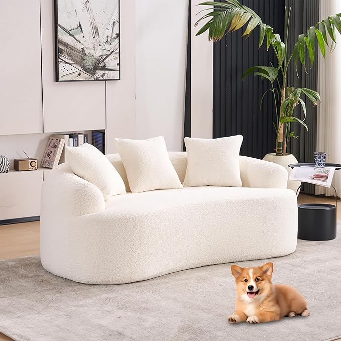 Curved Loveseat Sofa Couch for Living Room 65’’ Modern Comfy Cloud Floor Couch Round Sofa Full Sponge Compression Sofas with Deep Seat for Small Spaces Apartment No Assembly Needed Cream White