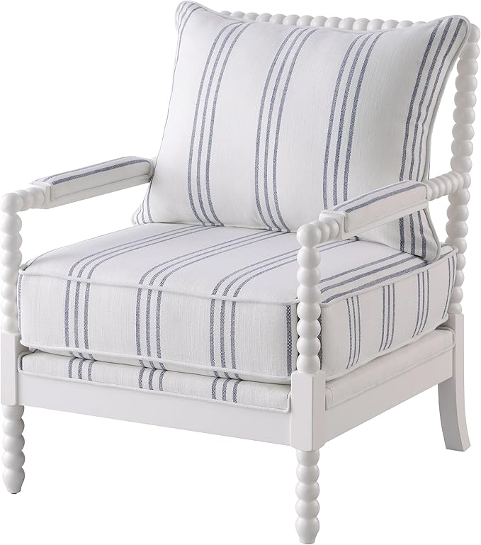 BOWERY HILL Fabric Upholstered Accent Chair 38 H x 29.5 W x 34 D Linen-Like White with Navy Stripes Spindle Frame Rubberwood Construction Padded Armrests Stationary Design for Living Room or