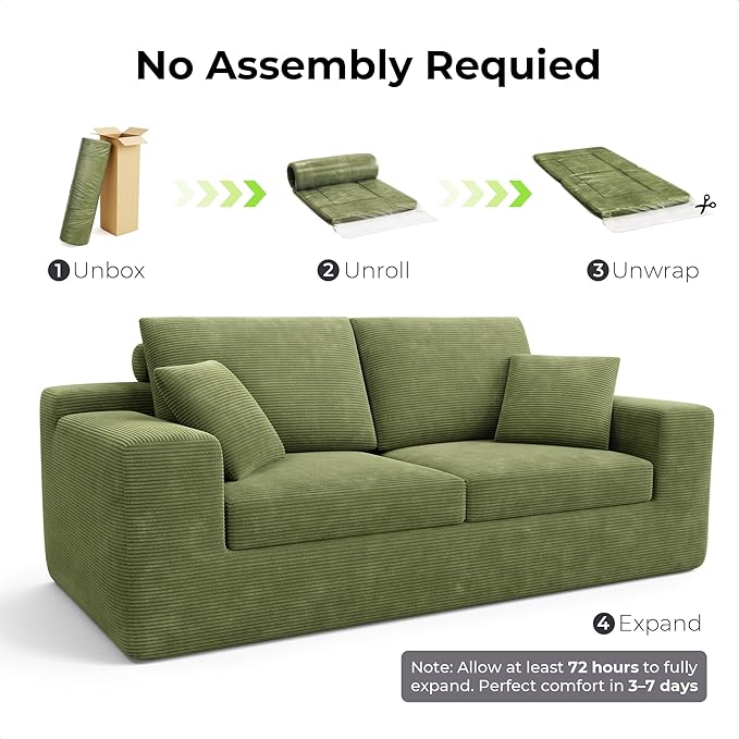 LIKIMIO 78 Loveseat Sofa in a Box Cloud Boneless Couch for Living Room with Comfy Deep Seat No Assembly Required Modern Upholstered Corduroy Sofa Apartment Home Office Green