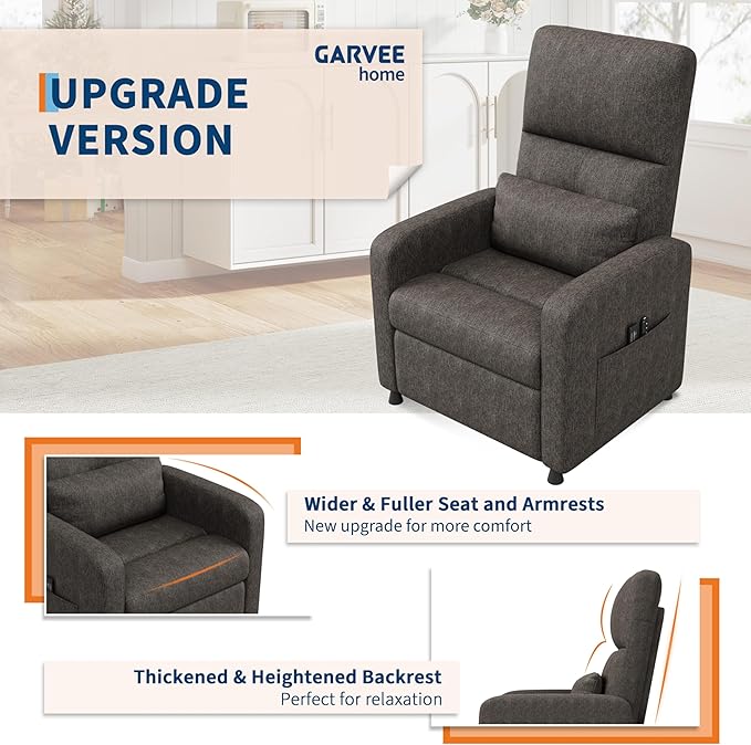GarveeHome Power Recliner Chair Adjustable Electric Recliner Ergonomic Overstuffed Single Sofa Tall Back Padded Seat 2 Side Pockets and USB Port Home Theater Seating for Living Room