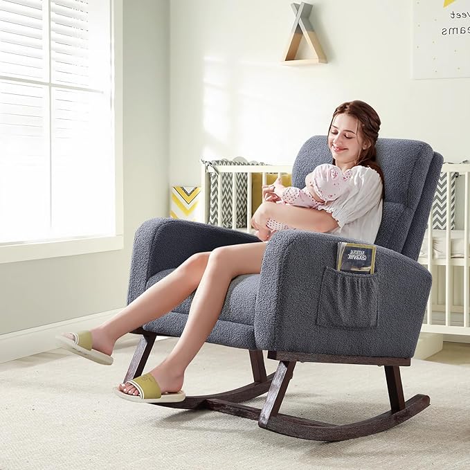 Rocking Chair Nursery with Foot Rest Teddy Nursing Rocking Chairs for Mom Breastfeeding Rocker Glider Chair with High Backrest for Living Room Bedroom Blue Grey
