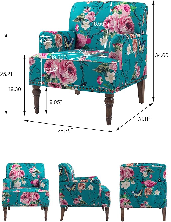 Accent Chair Mid Century Modern Comfy Armchair for Living Room Linen Fabric Single Sofa Lounge for Reading Bedroom Apartment Waiting Room with Wood Legs (Floral Set of 2)