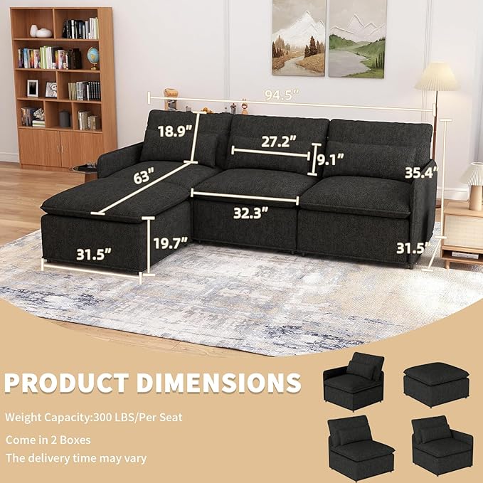 L Shaped Sectional Couch 94.5 Sectional Cloud Couch for Living RoomFluffy Modular Sofa with Textured Corduroy3 Seaters with OttomanPet-Friendly Comfy Modern Deep Seat Sofa SetDark Gray
