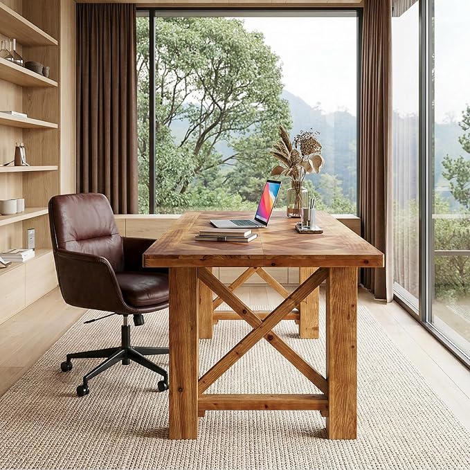 63-Inch Computer Desk Solid Wood Office Desk with Parquet Top and X-Shaped Legs Modern Executive Study Table for Home Office Large Legroom Brown