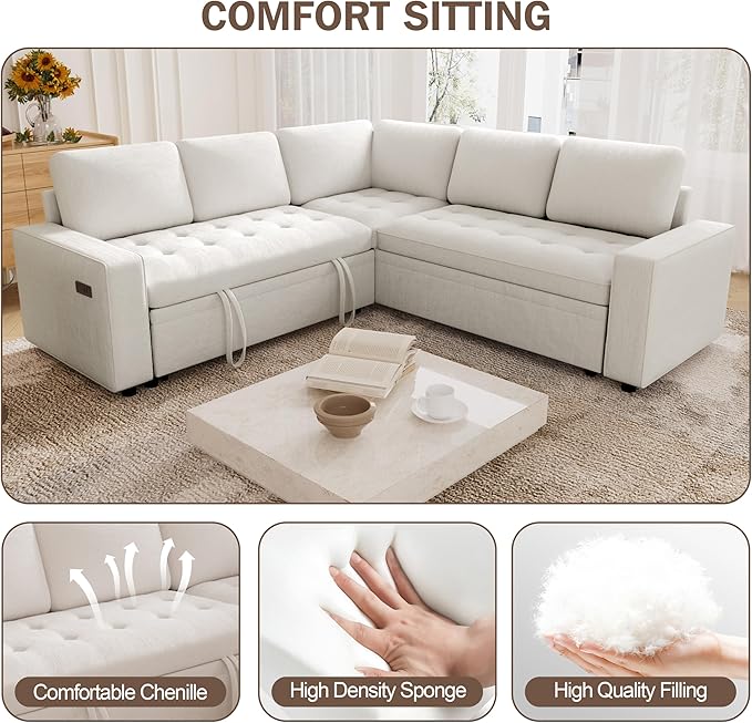 Vipbear 85 Inch Modular Sectional Sofa with Pull Out Bed Chenille L Shaped Sectional Sofa with USB Ports/Reclining Backrest/Storage Seats Tool-Free Assembly Sofa Couch for Living Room Begie
