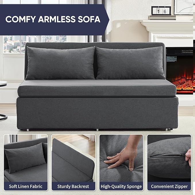 2 in 1 Pull Out Sofa Bed Queen Size Small Convertible Sleeper Sofa Couch Linen Folding Guest Bed with Wheels and Cushions Pillow Futon Sofas Couch Beds for Bedroom Office Lounge - Dark Grey