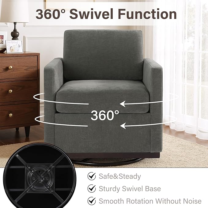 Swivel Accent Chairs Set of 2 360° Swivel Upholstered Club Armchairs for Living Room 31 Wide Square Single Sofa Reading Chair with Deep Seat Metal Swivel Base Chenille Fabric Dark Gray