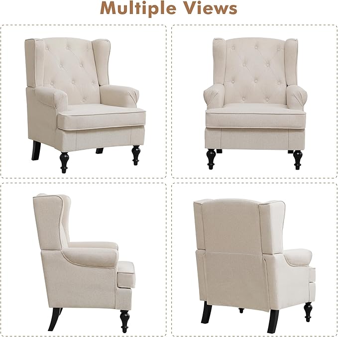 Accent Chair for Living Room Mid Century Modern Upholstered Armchair Wingback Chair with Tufted High Back and Solid Legs Comfy Single Sofa Side Chairs for Bedroom Khaki