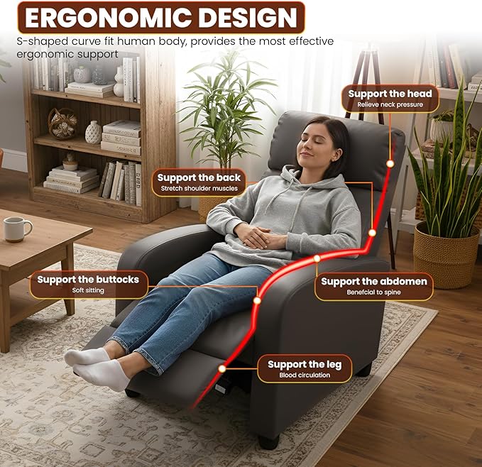 BestMassage | Recliner Chair | No Massage Function | Pu Grey | with Lumbar Support Adjustable Push Back Wide Armrests Footrest &amp Padded Seat | Easy Assembly | for Living Room Home Theatre