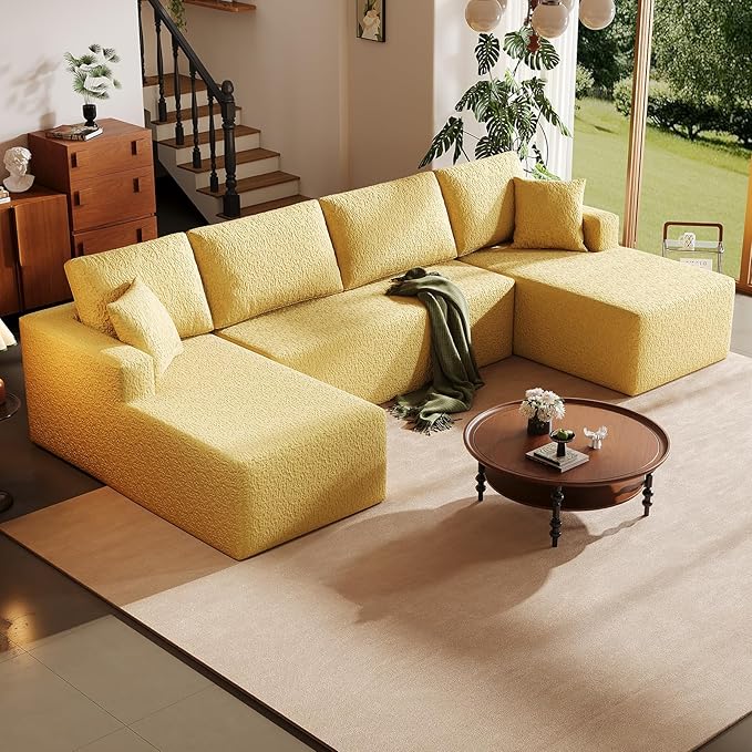 140 Modular U-Shaped Sectional Sofa 7-Seater Cloud Couch with Double Chaise Modern Sleeper SofaNo Assembly Sectional Cloud Boneless Sofa Couches for Living Room/Apartment