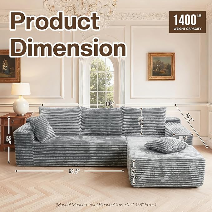 Modular Sectional Sofa Boneless Cloud Couch with Chaise Lounge 4-in-1 Flexible Combination Faux Rabbit Fur &amp Layered Cushion Deep Seat No Assembly (Light Grey Right Facing Chaise)