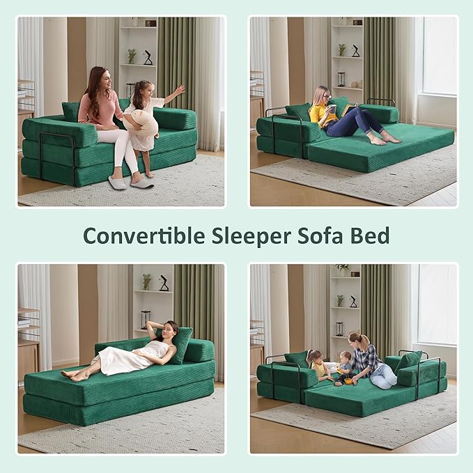 Convertible Sleeper Sofa Bed Compression Folding Sofa with Pillow No Assembly Required Shape Frame Floor Sofas Lounge Couch for Living Room Bedroom Small Spaces(Corduroy 77''W Dark Green)