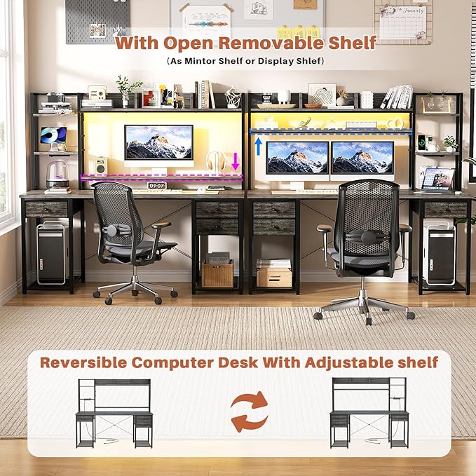 Aheaplus Desk with LED and Outlets Gaming Desks with Hutch 55.2'' Computer Desk with Drawers Reversible Office Desk with Storage Bookshelf Large Workstation with Shelf Desk for Home Black Oak