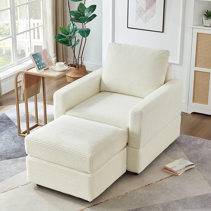 GDFStudio 32 Single Seat Sofa Couch Corduroy Comfy Deep Seat Sofa Sleeper Sofa Bed Chaise Couch Chair with Ottoman Removable Footrest Oversized Armchair for Living Room Beige