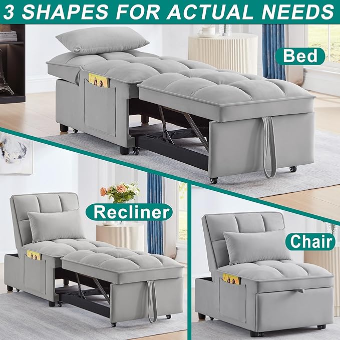 4 in 1 Sleeper Chair with Pullout BedConvertible Lazy Sleeper Sofa Chair withStorage Pockets &amp Adiustable Backrest forLiving Room (Grey)