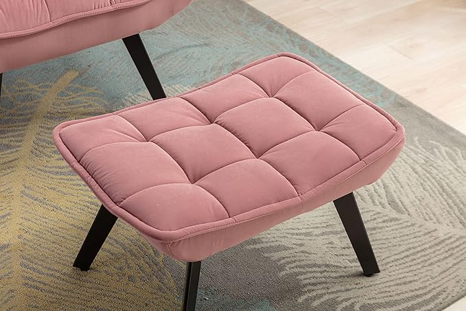 Modern Soft Velvet Fabric Material Large Width Accent Chair Leisure Chair Armchair TV Chair Bedroom Chair with Ottoman Black Legs for Indoor Home and Living RoomPink