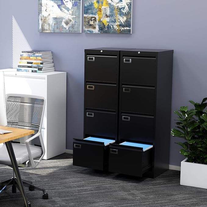 File Cabinet - 4 Drawers Vertical 17.8 Deep Lockable Filing Cabinet Black Metal Storage Cabinets for Home Office to Hanging Files Letter/Legal/F4/A4 Size