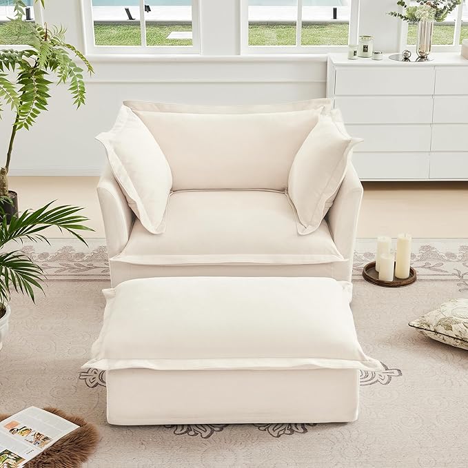 healthomse Chenille Fabric Slipcovered Armchair with Wide Ottoman Deep Seat Living Room Chair Set with 2 Large Soft Pillows (2-Piece) (Cream)