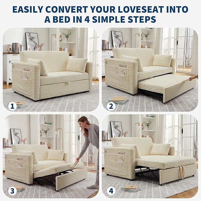 Loveseat Sleeper Sofa Bed 55'' Pull Out Couch with Adjustable Backrest Charging Station and Side Pockets Corduroy Couches for Living Room Bedroom and Apartment White