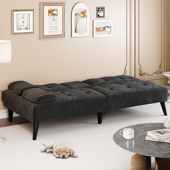 Meilocar 64 Futon Sofa Bed 64 Convertible Loveseat with 2 Cup Holders Small Couch with 3 Adjustable Angles &amp Removable Armrest Modern Sleeper Sofa for Apartment Office 5.3 FT Black