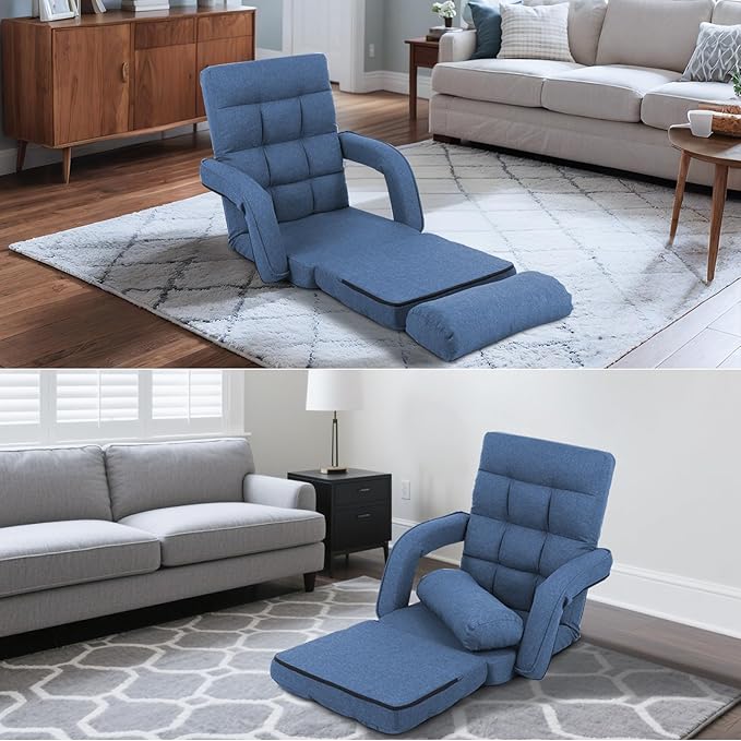 Adjustable Floor Chair for Adults with Back Suppor5-Position Folding Lazy Sofa with Pillow Gaming &amp Meditation Chair with Breathable Fabric - for Living Room Bedroom OfficeBalcony (Blue)