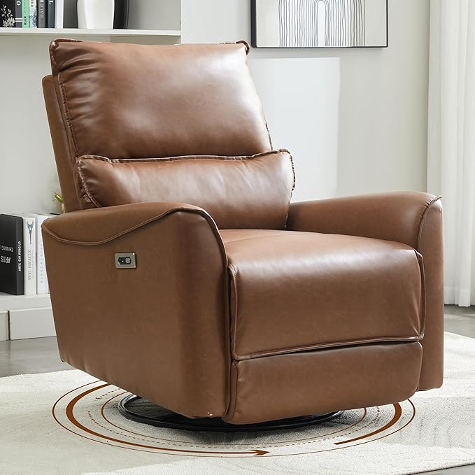 Power Swivel Rocking Recliner Chair for Nursery PU Leather Glider Rocker Recliner for New Parents Modern Small Recliners for Small Spaces/Living Room/RV Brown