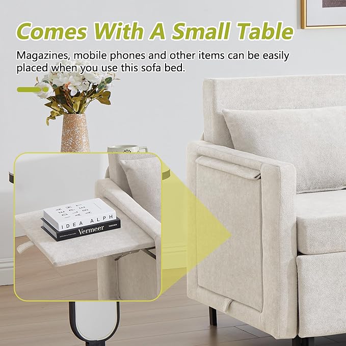 QHITTY Pull Out Couch Bed 2-in-1 Sleeper Sofa Small Loveseat Bed with Hidden Side Table and Iron Frame for Living Room Small Space Apartment (White)
