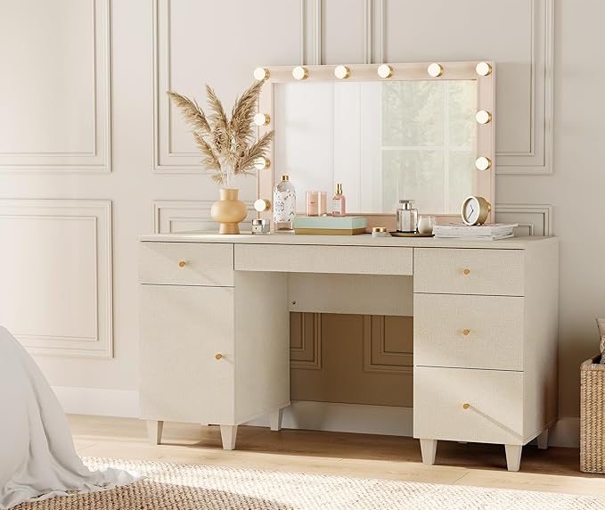WAMPAT Desk with Drawers &amp Storage Cabinet 58 Inch Beige Wood Desk with Charging Station Modern Home Office Large Wooden Executive Computer Desk Vanity Desk for Bedroom