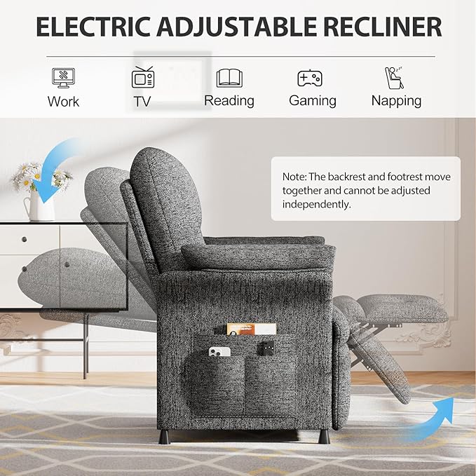 Power Recliner Chair for Adults with Heat &amp Massage - Linen Electric Reclining Sofa with Remote Control 3 Side Pockets 180° Lay Flat Sleeper for Living Room Home Theater Dark Grey