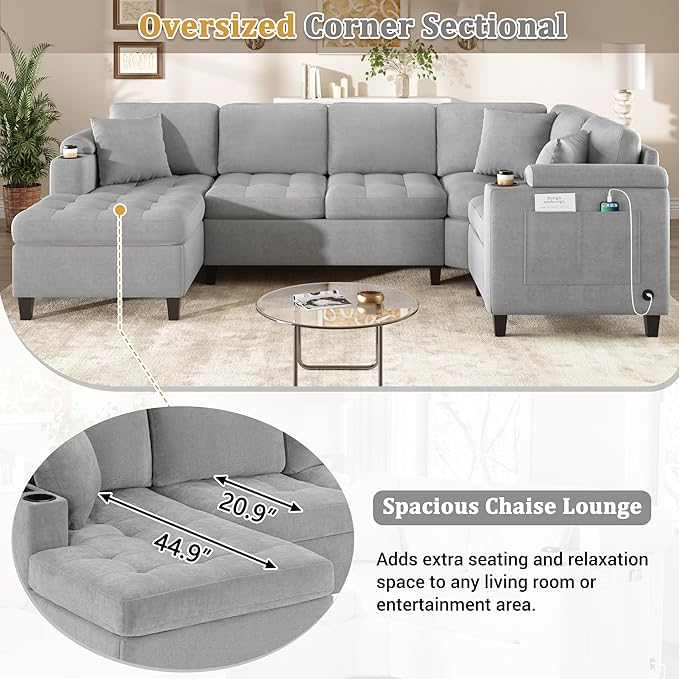 Merax 115.7 U-Shaped Chenille Sectional Sofa 4 Seat Corner Couch Oversized with Built-in Cup Holders 3 Pillows Storage Space for Living Room Light Grey