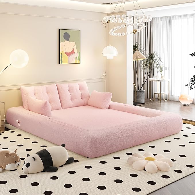 78.7 King Foldable Sofa Bed Lazy Sofa Couch 3-in-1 Multi-Functional Sleeper Sofa Bed Teddy Futon Sofa Floor Loveseat Sofa Human Dog Bed Bean Bag Lounge Recliner for Living Room Pink