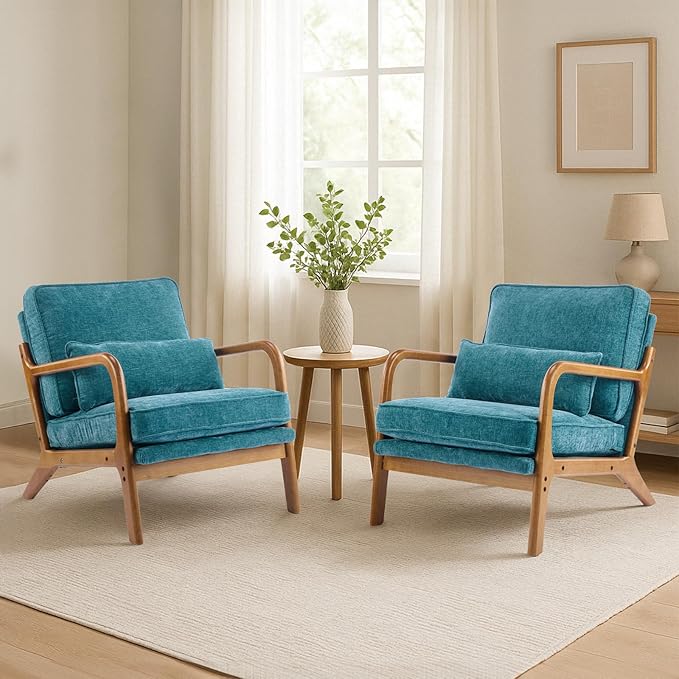 Karl home Mid Century Modern Accent Chair with Lumbar Pillow &amp Oak Arms – Plush Chenille Living Room Chair for Bedroom Lounge (Teal)