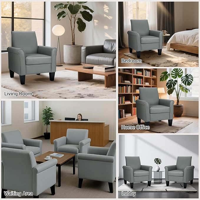 Lohoms Mid-Century Modern Accent Chair Overstuffed Leather Chairs for Living RoomUpholstered Comfy Club Chair Fake Faux Leather Armchair for Bedroom Apartment Office Lounge PU Leather Grey