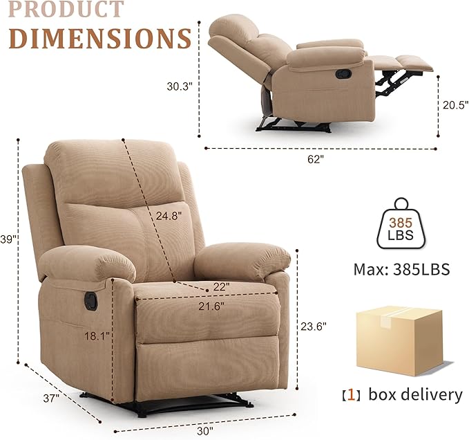 Recliner Chairs Small Recliners for Small Spaces Manual Recliner for Adults with Side Pockets Adjustable Overstuffed Comfy Corduroy Reclining Chair for Living Room Bedroom Reading Khaki