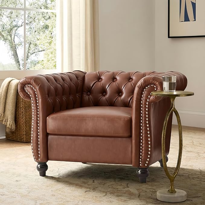 Mid-Century Modern Club Chair with Scrolled Arms Tufted Upholstered Rolled Armchair with Nailhead Trim and Solid Wood Legs for Home Bedroom Reading Room (Brown87)