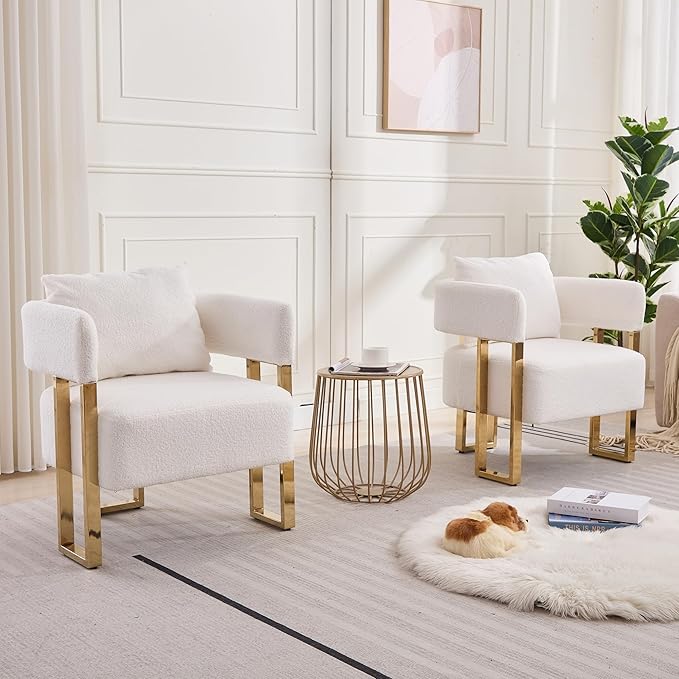 YISHENG Modern Barrel Accent Chairs Set of 2 Living Room Side Chairs with Golden Metal Legs Soft Upholstered Reading Armchairs no Wheels for Vanity/Reception Room//Bedroom/Lounge/Office White Teddy