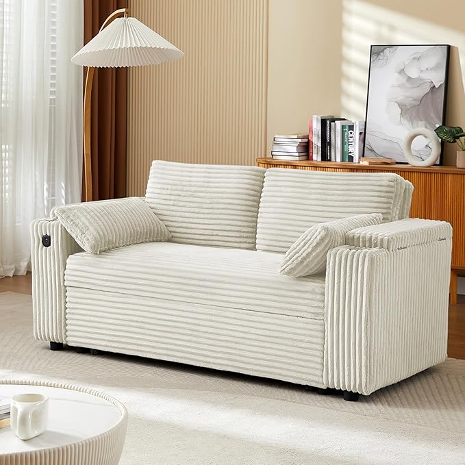 68.11 Corduroy Sleeper Chair Bed with USB Port Cup Holders &amp Side Storage Pockets – 3-in-1 Foldable Sofa Bed for Guest Room Living Room – White