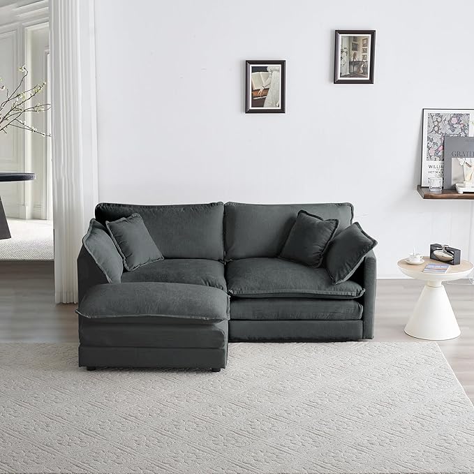 Deep Seat Cloud Loveseat Sofa Sectional Couch with Movable Ottoman 2 Seater Oversized L Shaped Corner Sofa Couches Comfy Chenille Love Seat for Living Room Bedroom Apartment Office
