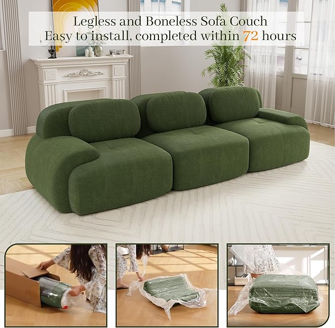 Boneless Sectional Couch No Assembly Required 117.3” Modular Cloud Sofa with Pillow Deep Seat Corduroy Couch for Living Room Bedroom Office Apartment