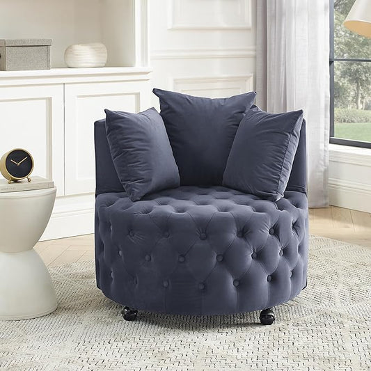 GNIXUU Swivel Barrel Accent Chair 30” Modern Velvet Round Sofa Chair with 3 Pillows and Wheels Comfy Tufted Club Lounge Chair for Living Room Bedroom(Blue Gray).
