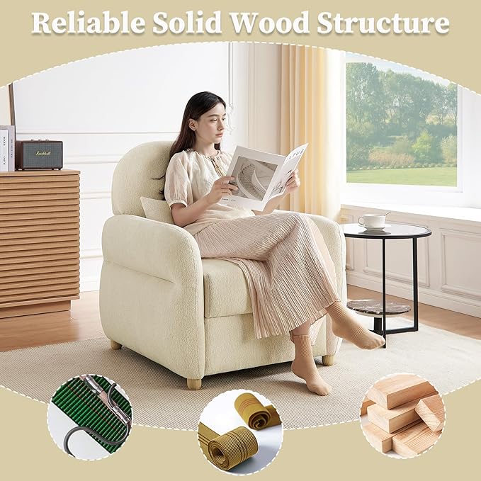Modern Accent Chairs for Living Room Comfy Chenille Armchairs with Storage Single Reading Chairs for Bedroom Study Room Apartment Tool Free Assembly Beige