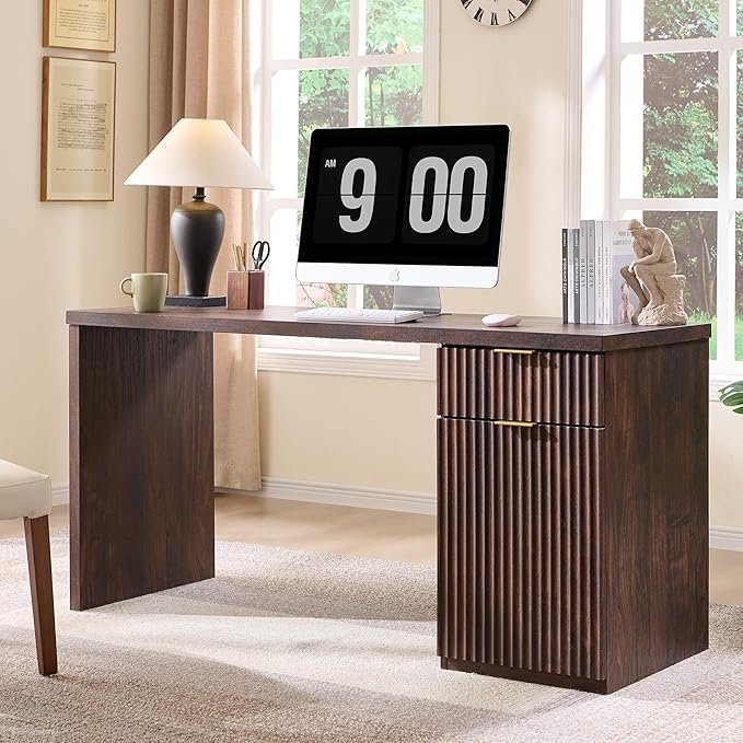 JXQTLINGMU 60 Modern Executive Desk with Storage Wood Home Office Desk with Drawer &amp Cabinet Fluted Computer Writing Desk for Study Living Room Bedroom Dark Walnut