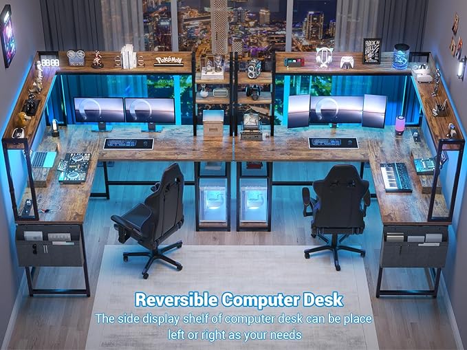 Aheaplus L Shaped Desk with Power Outlet L Shaped Gaming Desk with Led Light &amp Hutch Reversible Home Office Desk Corner Computer Desk Writing Desk with Monitor Stand &amp Storage Shelf Rustic