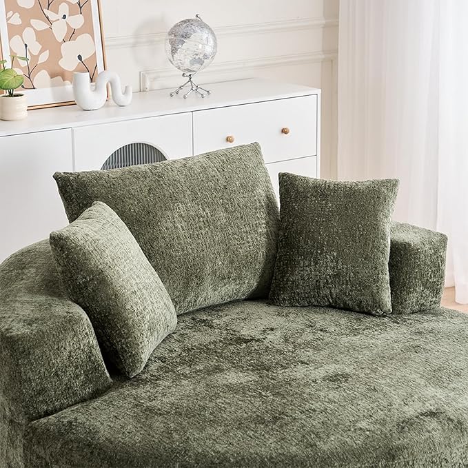 54.5 Green Oversized Swivel Barrel Chair - Chenille Comfy Modern Sofa Chair Fluffy Upholstered Round Accent Chair Cloud Lounge Armchair with 3 Pillows for Living Room Apartment